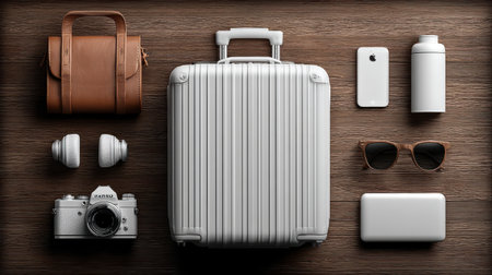 A beautifully arranged flat lay of travel essentials on a wooden surface, featuring a suitcase, camera, smartphone, and stylish accessories for any adventure.の素材