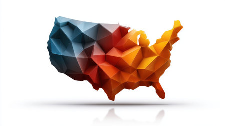 Abstract polygonal map of United States with gradient colors in blue, red, and orange, geometric low poly style design with shadow and reflection on white backgroundの素材