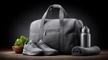 A chic arrangement showcasing essential sports gear including stylish running shoes, a spacious tote bag, a water bottle, a towel, and a bowl of greens, set on a wooden table.の素材