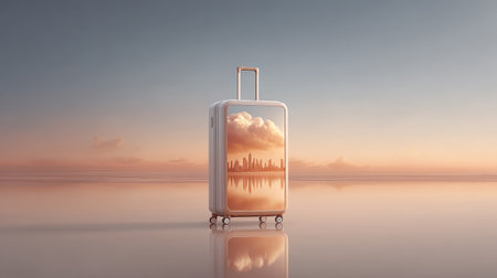 A surreal image of a sleek suitcase reflecting a city skyline in tranquil waters during sunset. Soft clouds hover in the pastel sky, evoking a sense of adventure and serenity.の素材