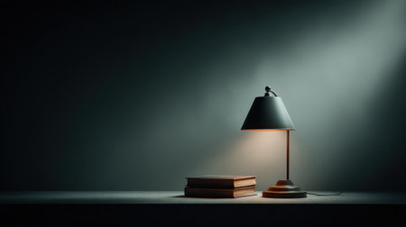 A charming desk lamp shines softly over a stack of books on a clean table, creating a warm and inviting atmosphere perfect for quiet reading or reflection.の素材