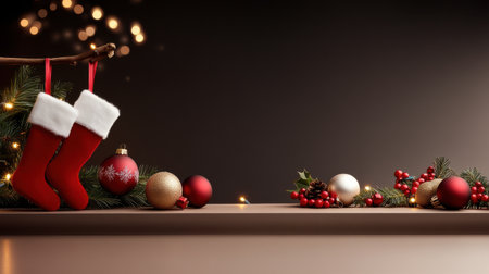 A charming vintage Christmas background with old-fashioned ornaments, antique garlands, and classic red stockings hanging from a rustic fireplace mantel.の素材