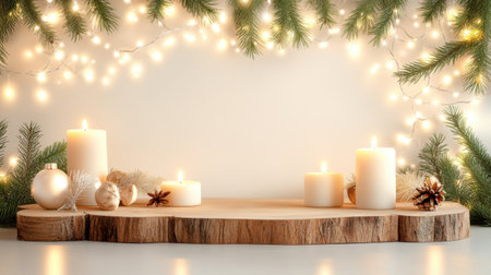 A charming rustic Christmas backdrop with wooden logs, softly lit candles, and festive pine garlands, creating a cozy and inviting holiday atmosphere.の素材