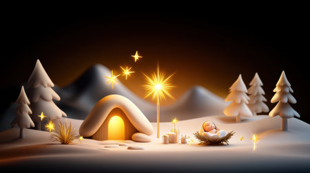 A peaceful Christmas background showcasing a nativity scene with soft lighting, golden stars, and a glowing halo around the baby Jesus.の素材
