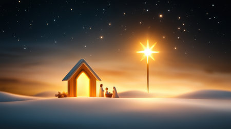 A serene religious Christmas background featuring a glowing star of Bethlehem shining over a tranquil nativity scene, with soft golden light illuminating the figures.の素材