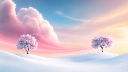 Abstract winter landscape with stylized snow-covered trees, swirling clouds, and a soft pastel sky, blending natural and artistic elements.の素材
