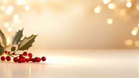Christmas background with holly leaves and berries, set against a soft glowing backdrop with twinkling lights, creating a warm and festive holiday feel.の素材