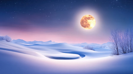 A cold winter night with snow-covered fields under a clear, starlit sky, the moon casting a gentle glow over the serene landscape.の素材