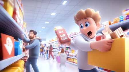 Shoppers elbow-to-elbow in a retail store during Black Friday, grabbing products from the shelves, with flashing sale signs.の素材