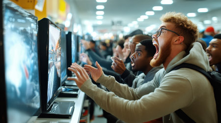Shoppers fighting over the last discounted TV on Black Friday, with crowded aisles and frustrated faces.の素材