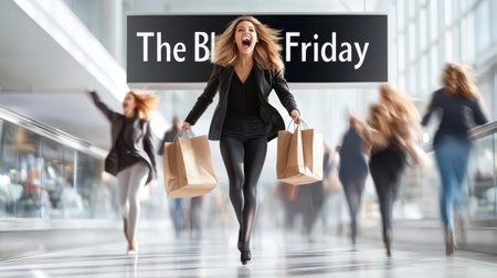 Shoppers rushing into a store under a giant "The Black Friday" sign, eager to grab exclusive offers.の素材