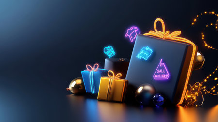 Sleek Black Friday web banner with bold typography, flashing sale icons, and neon discount percentages across a dark background.の素材