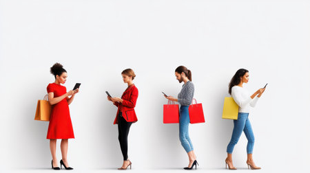 Shoppers holding their smartphones, comparing online Black Friday deals while browsing in-store discounts, creating a modern shopping scene.の素材