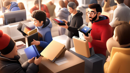 Shoppers grabbing electronics from crowded shelves during a Black Friday sale, with people holding multiple products.の素材