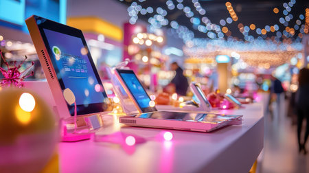 Shoppers grabbing discounted electronics during a Black Friday sale, with bright sale tags and a packed store full of activity.の素材