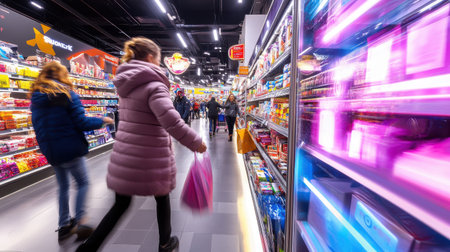 Shoppers elbow-to-elbow in a retail store during Black Friday, grabbing products from the shelves, with flashing sale signs.の素材