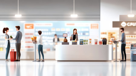 Shoppers waiting in line at a checkout counter, holding items and chatting, with a busy store full of activity in the background.の素材
