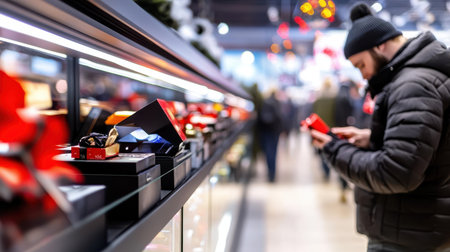 Shoppers packed into a store during a Black Friday sale, eagerly browsing through shelves and racks of discounted items.の素材