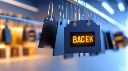 Sleek Black Friday tags with bold, glowing fonts, hanging from clothing racks in a brightly lit store.の素材