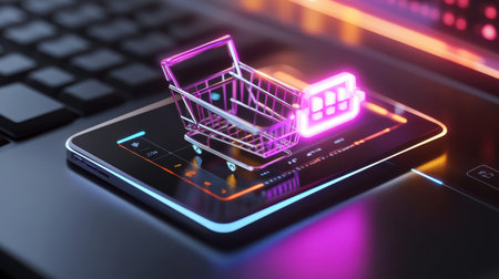 Sleek black and neon Cyber Monday banner flashing across an online store interface, advertising deep discounts.の素材