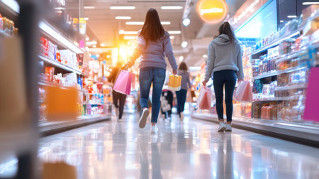 Shoppers rushing through a retail store filled with Black Friday sale signs, grabbing discounted products from the shelves.の素材
