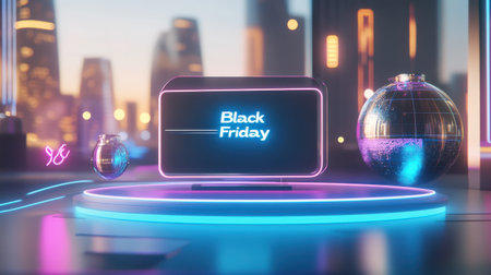 Sleek "Black Friday" text glowing with blue and pink neon lights, creating a vibrant promotional banner.の素材
