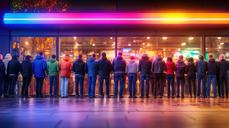 Shoppers lined up outside a large store at night, waiting for Black Friday doors to open, with colorful neon lights overhead.の素材