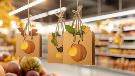 Thanksgiving sale tags in vibrant orange and brown tones, attached to products in a busy retail store.の素材