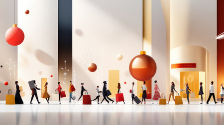 Shopping crowds filling a festive mall during the holiday season, with people carrying bags and sale banners decorating the space.の素材