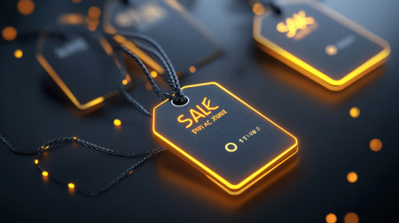 Sleek Black Friday tags with sharp, modern fonts and glowing sale percentages, perfect for promoting huge savings.の素材