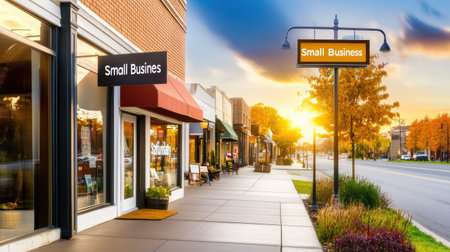 Street scene of a busy neighborhood with local shops displaying "Small Business Saturday" signs.の素材