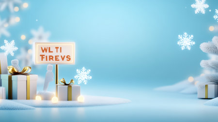 White Friday graphic with glowing white sale signs, a frosty blue background, and snowflakes gently falling, evoking a peaceful shopping event.の素材