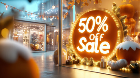 Window display of a boutique with a huge "50% Off Sale" sign and seasonal decor.の素材