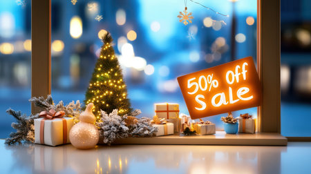 Window display of a boutique with a huge "50% Off Sale" sign and seasonal decor.の素材