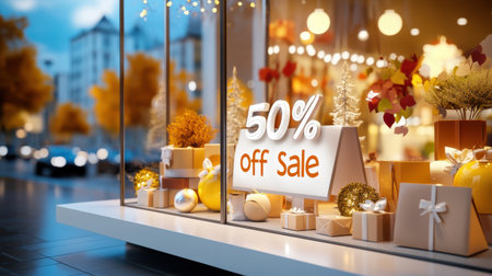 Window display of a boutique with a huge "50% Off Sale" sign and seasonal decor.の素材