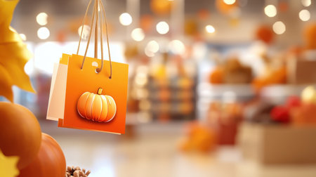 Thanksgiving sale tags in vibrant orange and brown tones, attached to products in a busy retail store.の素材