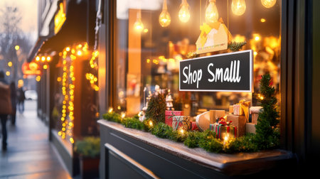 Window display of a local store with a "Shop Small" sign, showcasing holiday gifts and decor as customers walk by.の素材