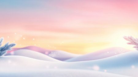 Dreamy pastel winter background with soft pink skies, snow-covered hills, and gentle winter light creating a calming and delicate atmosphere.の素材