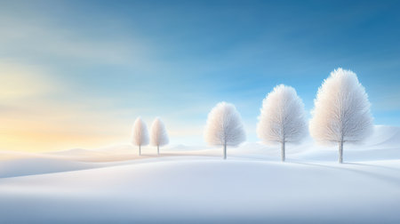 Cold January morning with a snowy landscape, bare trees, and a soft blue sky. Frost covers the ground, evoking the quiet chill of early winter.の素材