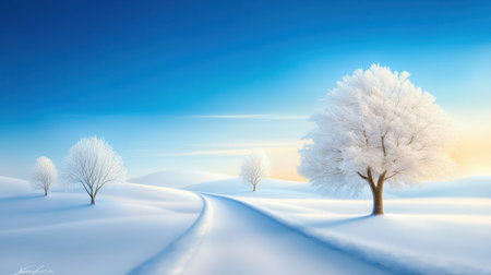Cold January morning with a snowy landscape, bare trees, and a soft blue sky. Frost covers the ground, evoking the quiet chill of early winter.の素材