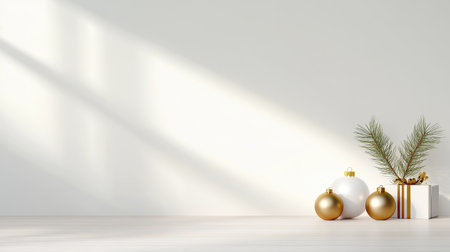 Clean, minimalist Christmas backdrop featuring Scandinavian design elements such as simple ornaments, wooden textures, and soft natural lighting.の素材
