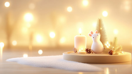 Cozy Scandinavian-style Christmas background with minimalist decorations, featuring natural materials like wood and pine, softly glowing under warm holiday lights.の素材