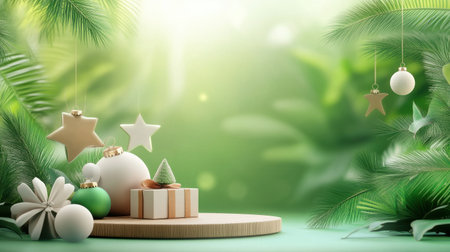Eco-friendly Christmas backdrop with sustainable decorations crafted from natural fibers and recycled materials, set against a lush green background.の素材