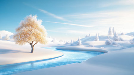 Frosty winter day with a frozen river winding through a snow-covered landscape, frosty trees on the banks, and a cold, clear sky above.の素材