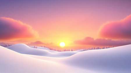 Crisp winter sky at dusk, with the sun setting over snow-covered hills, casting a pink and orange glow across the clouds. A peaceful winter scene.の素材