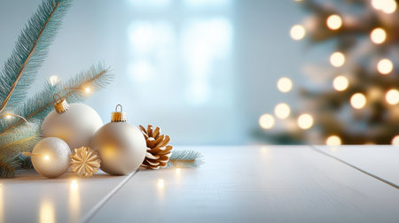 Festive Christmas backdrop with sustainable decorations, including handmade ornaments from recycled materials and soft glowing lights, promoting an eco-friendly holiday.の素材