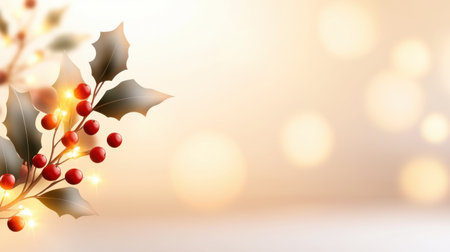Elegant Christmas background with holly leaves, berries, and soft golden lights, creating a festive and traditional holiday atmosphere.の素材