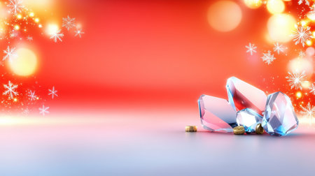 Festive red backdrop with snowflakes gently falling, illuminated by soft glowing lights, evoking a cheerful and bright Christmas ambiance.の素材