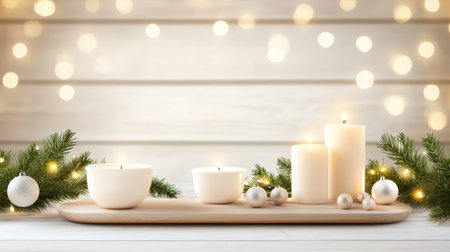 Farmhouse-style Christmas background with natural wooden elements, soft glowing candles, and handmade decorations, creating a cozy, rustic holiday setting.の素材