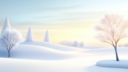 Frosty January background featuring snow-covered fields, barren trees, and a clear, pale sky. A serene and peaceful winter landscape.の素材